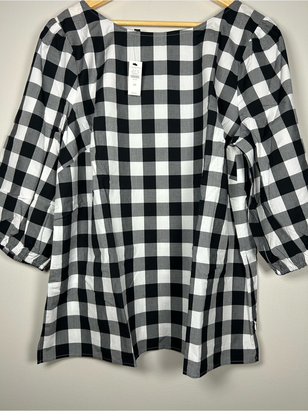 Talbots Gingham Gathered Sleeve Top Blouse Black White Check 100% Cotton Size 2X